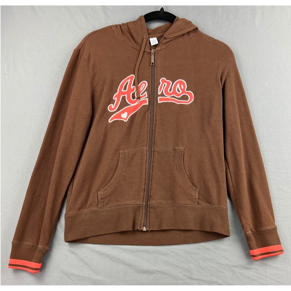 Aeropostale Hoodie Womens Large Full Zip Brown Red Aero Graphic Sweatshirt Good